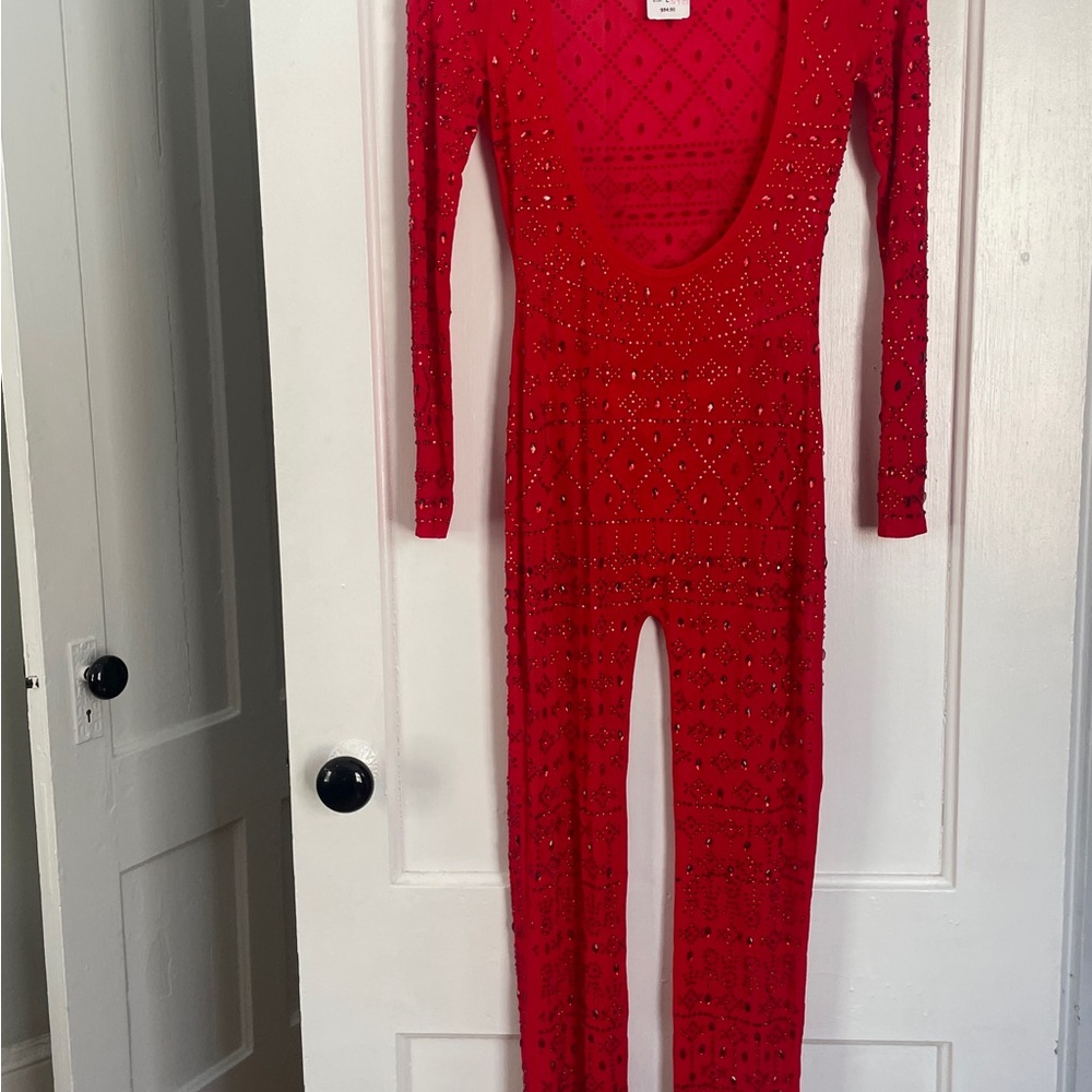 Windsor NWT Red Rhinestone Sheer Jumpsuit Catsuit